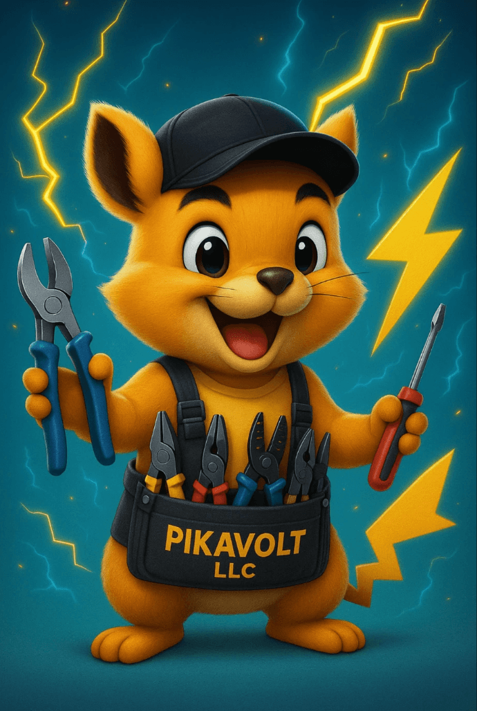 The Pikavolt mascot — a golden electrician critter with a lightning-bolt tail, pliers, and a screwdriver